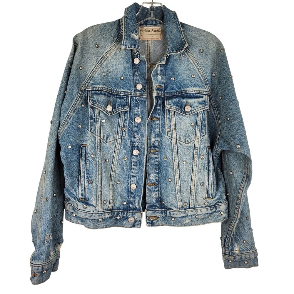 We the Free Free People Denim Studded Distressed Jacket Women's Small Festival